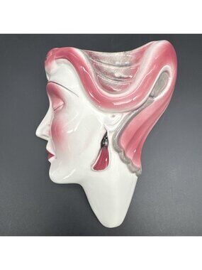 Vintage Art Deco Style Pink Flamingo Lady Head Vase Wall Pocket Ceramic Decor